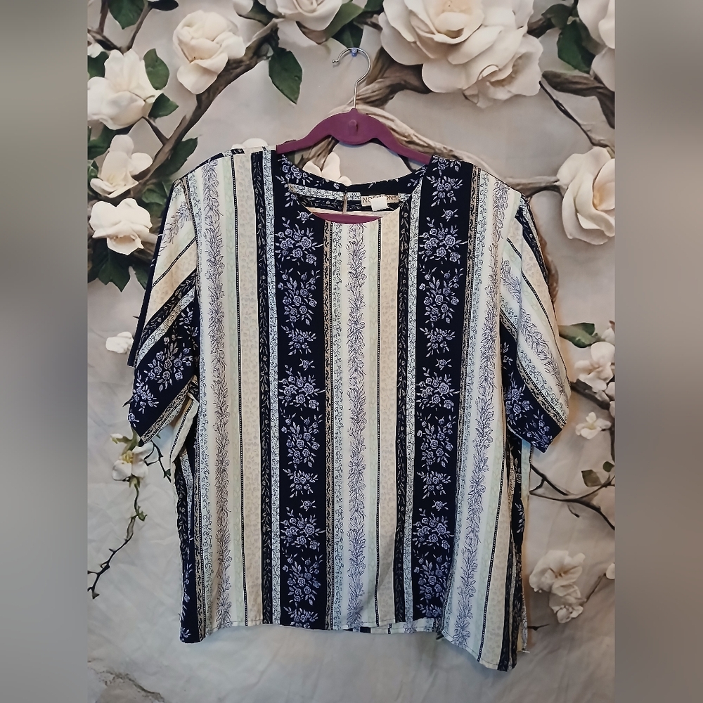 Notations Navy and Cream Floral Striped Blouse